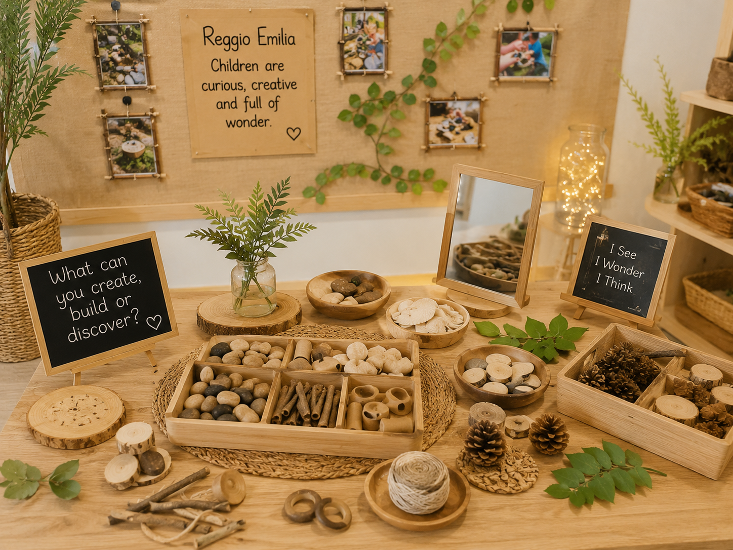 Reggio-inspired learning environment at Discovery Nursery featuring natural loose parts, stones, wood, pinecones and open-ended materials for children to explore