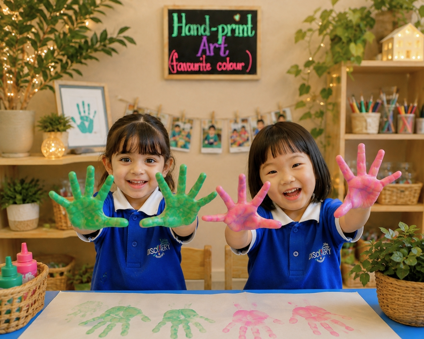 Children creating colourful handprint art during a creative activity