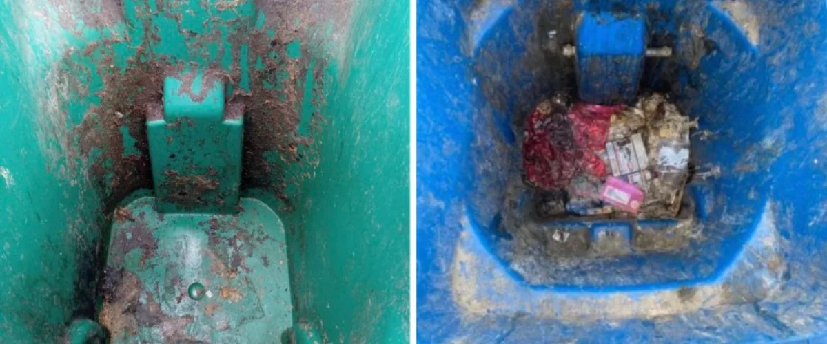 A split image shows two dirty trash bin interiors, one green and one blue, with debris and garbage.