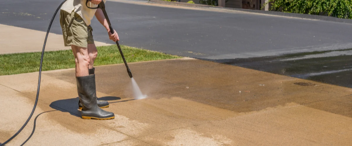 A man in shorts and boots power washing a concrete driveway on a sunny day, cleaning dirt from the surface. A man in shorts and boots power washing a concrete driveway on a sunny day, cleaning dirt from the surface.
