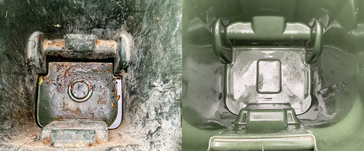 A split image shows the inside of a green bin, dirty and filled with leaves on the left, and clean and shiny on the right. A split image shows the inside of a green bin, dirty and filled with leaves on the left, and clean and shiny on the right.