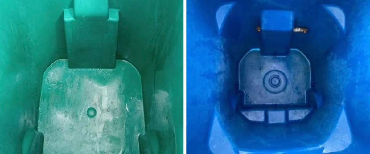Two close-up, top-down views of textured plastic interiors, one green and one blue, both with similar recessed shapes. Two close-up, top-down views of textured plastic interiors, one green and one blue, both with similar recessed shapes.