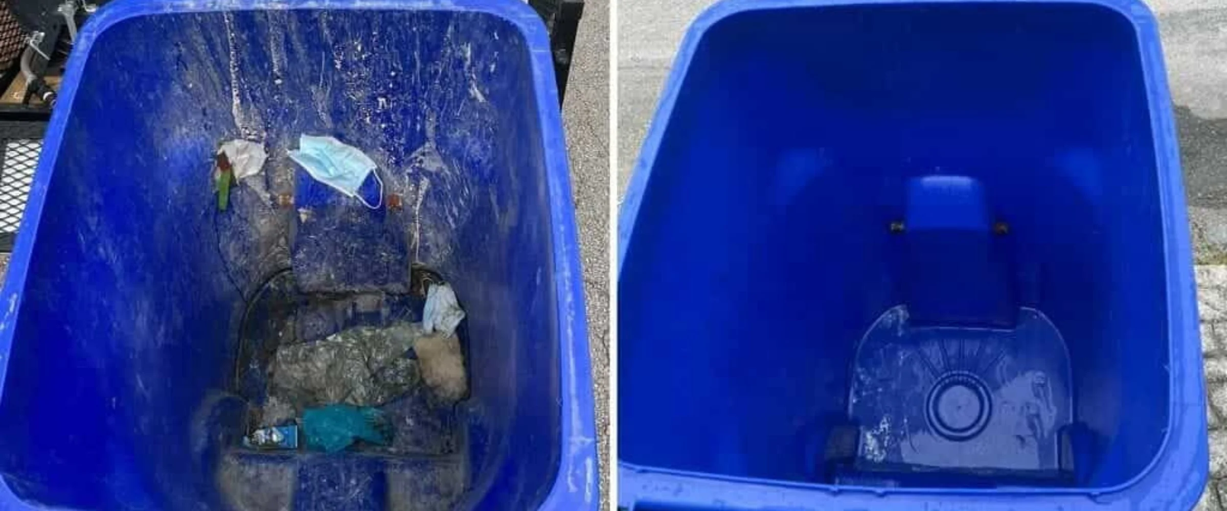 A side-by-side comparison of two blue recycling bins, one dirty and full of trash, the other clean and empty. A side-by-side comparison of two blue recycling bins, one dirty and full of trash, the other clean and empty.
