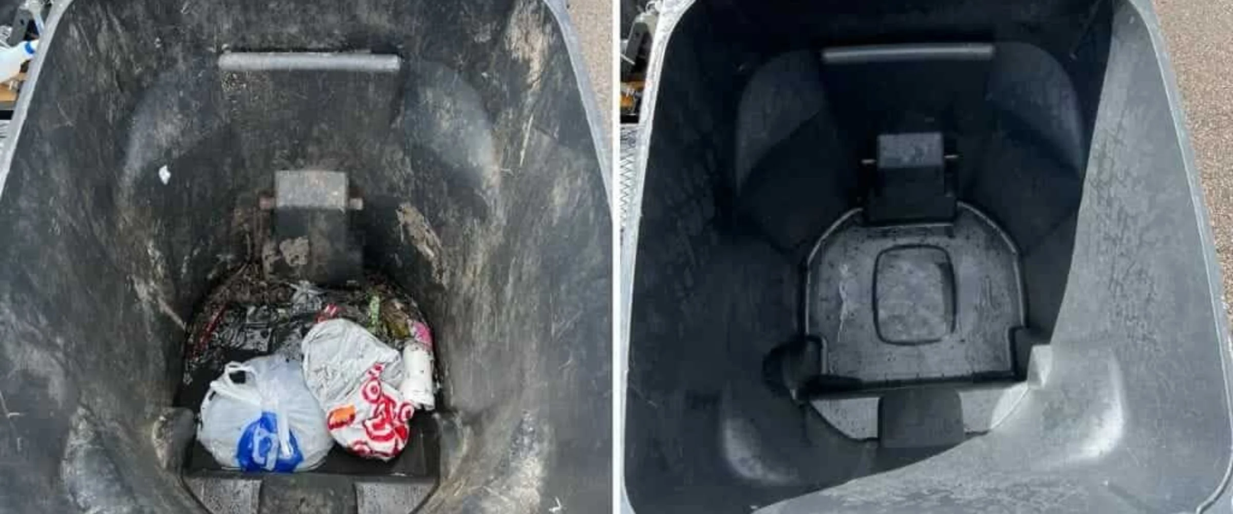 A Super Bin Wash truck next to two trash bins, one dirty with trash inside and one clean after washing. A Super Bin Wash truck next to two trash bins, one dirty with trash inside and one clean after washing.