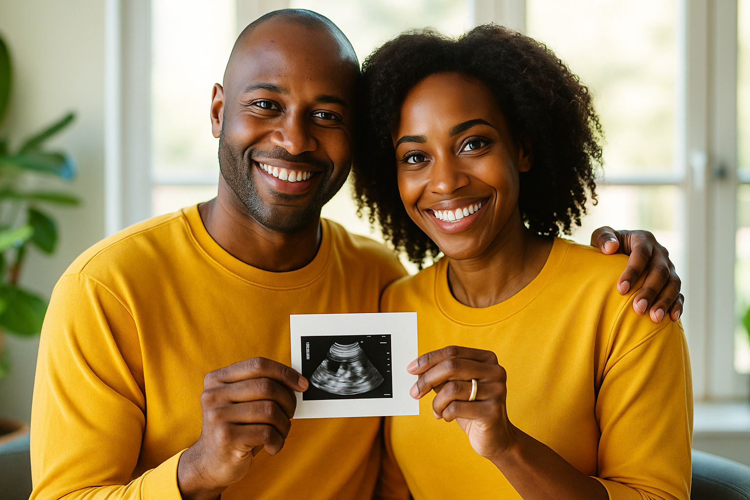 Couple holding ultrasound photo