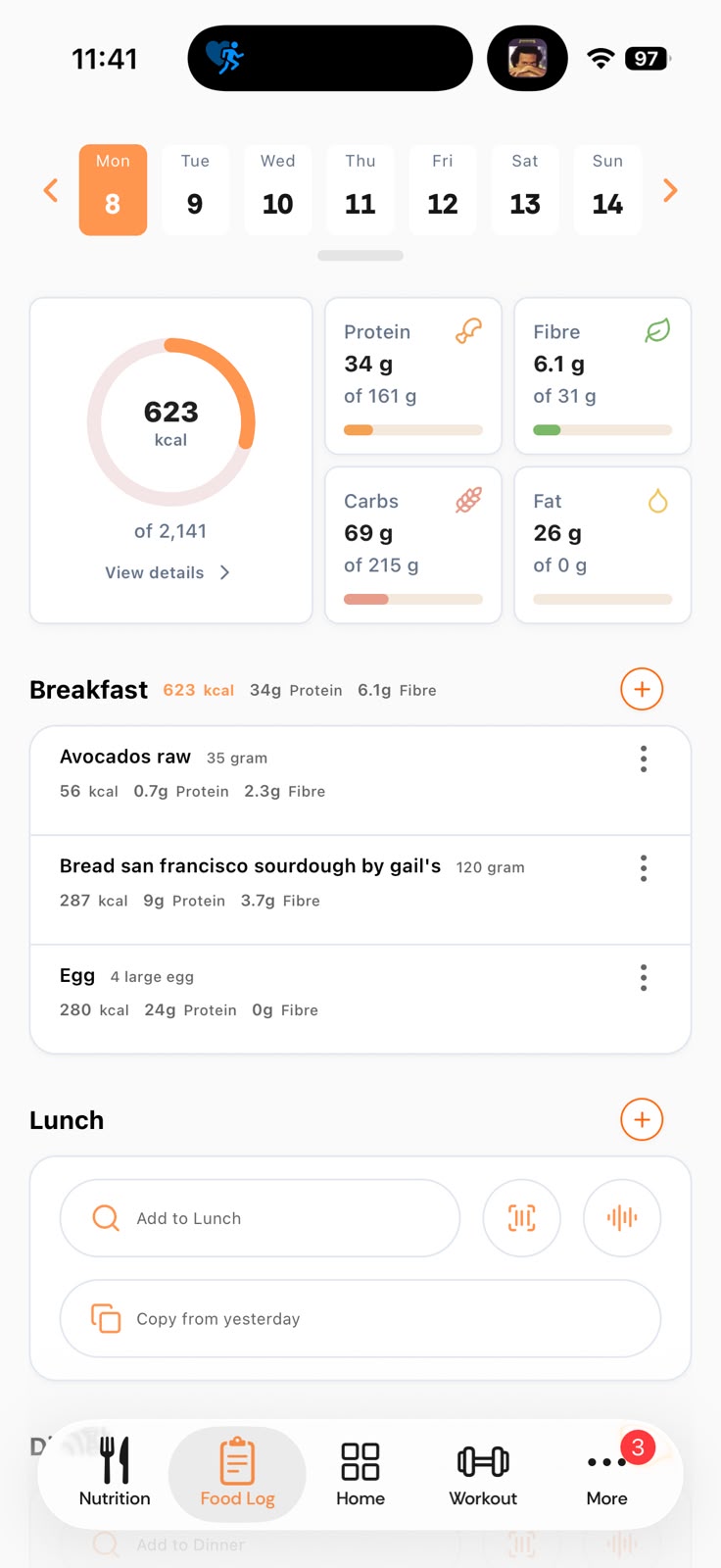 Noura food log with calories, protein and fibre