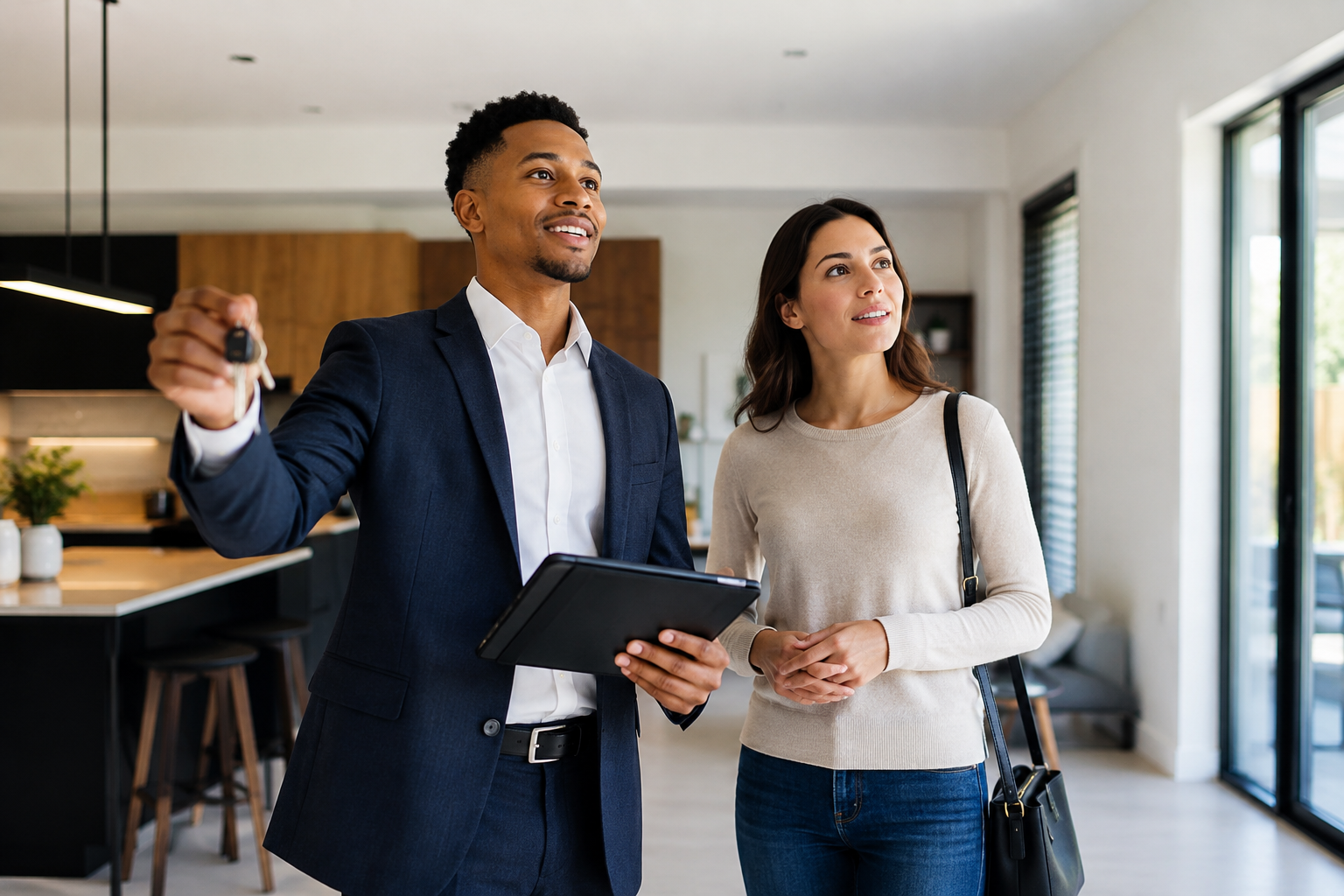 New real estate agent touring a modern rental home with a client