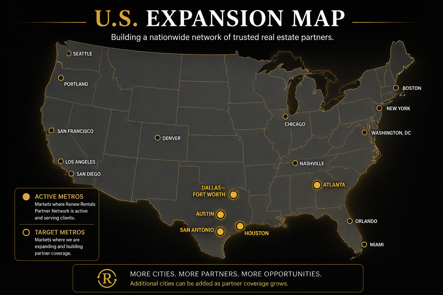 Renew Rentals U.S. expansion map showing active and target metropolitan markets