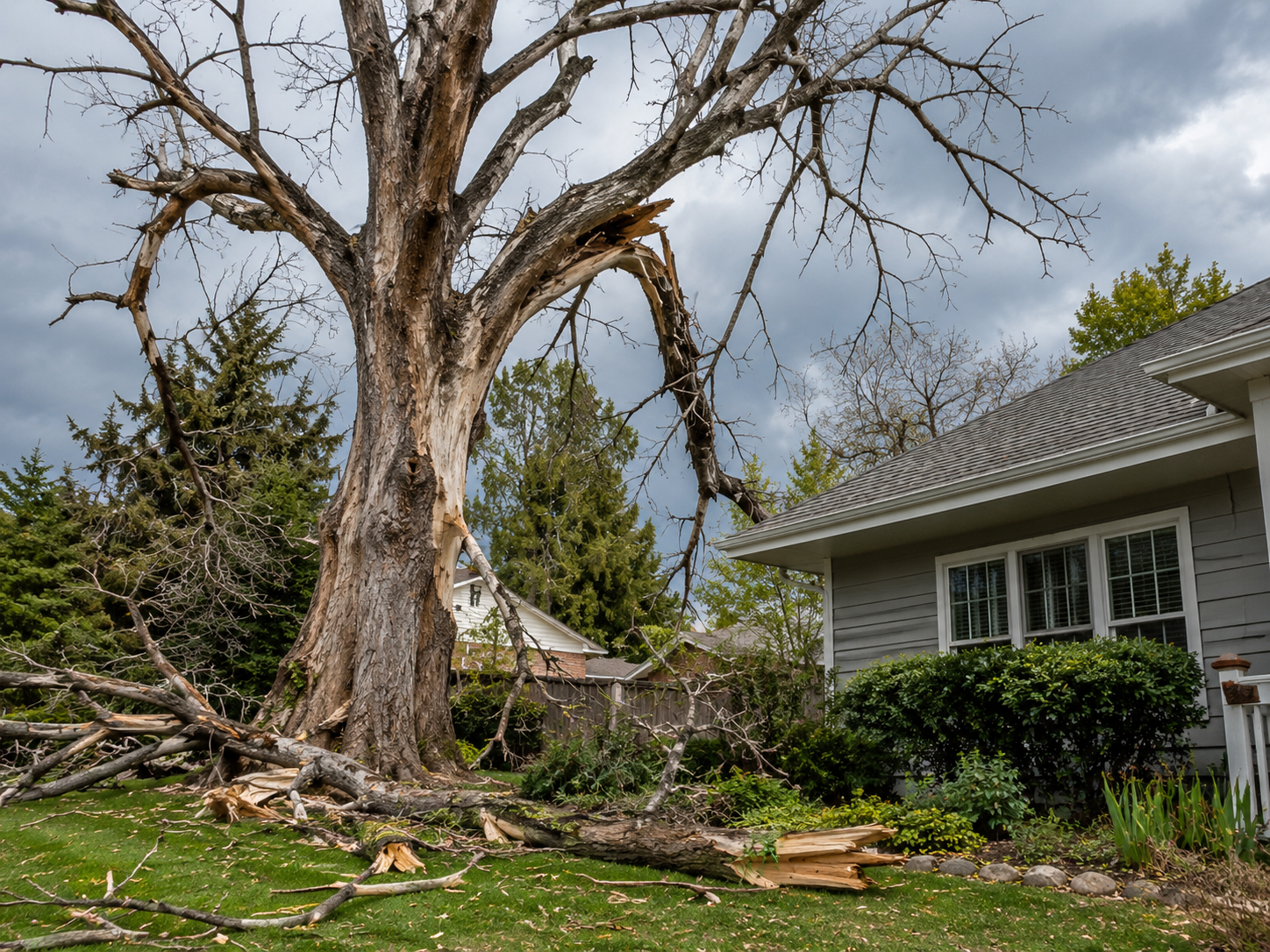 Dead tree left standing near a home