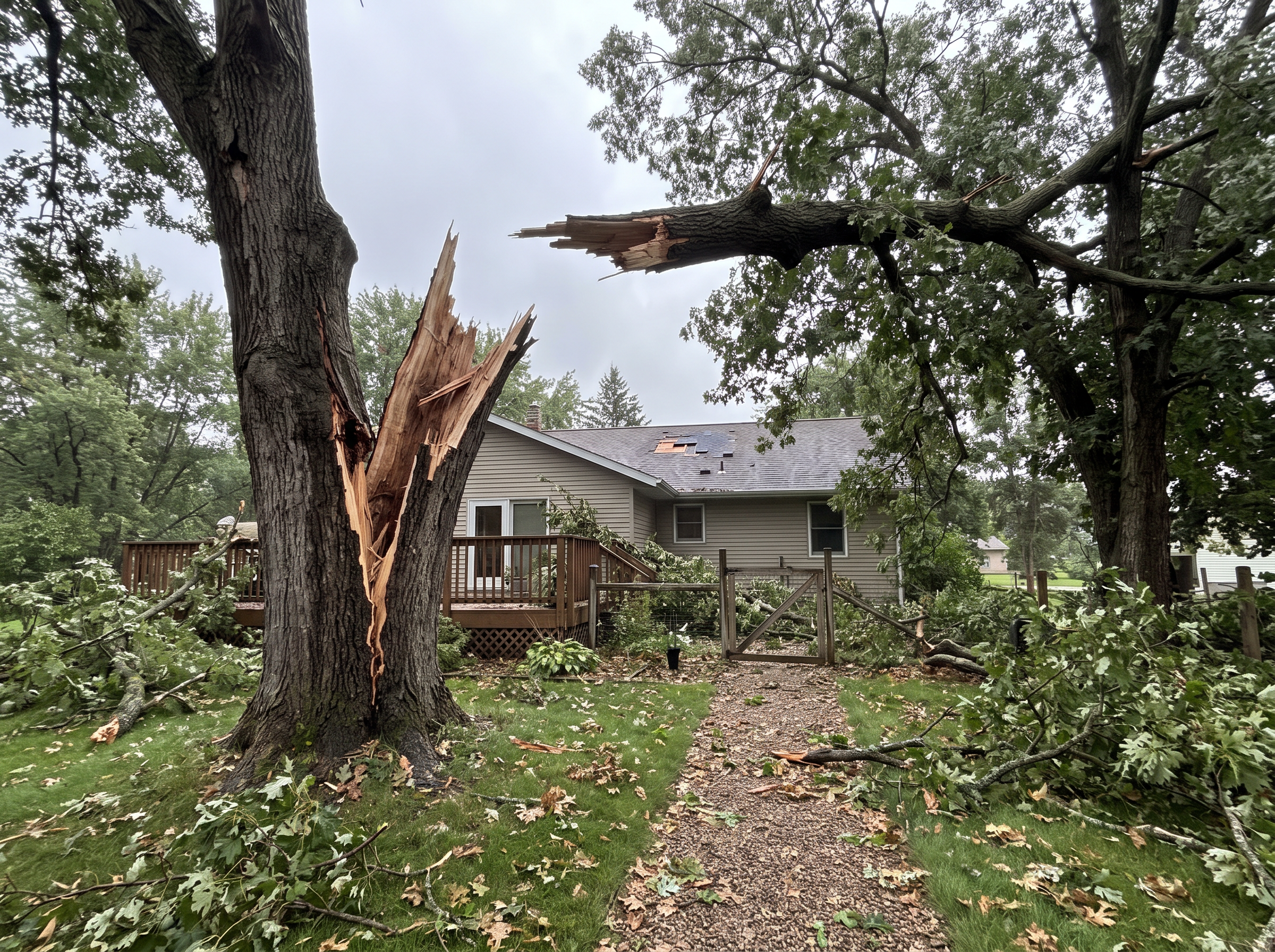 Storm-damaged tree and debris creating hazards on a Central Minnesota property