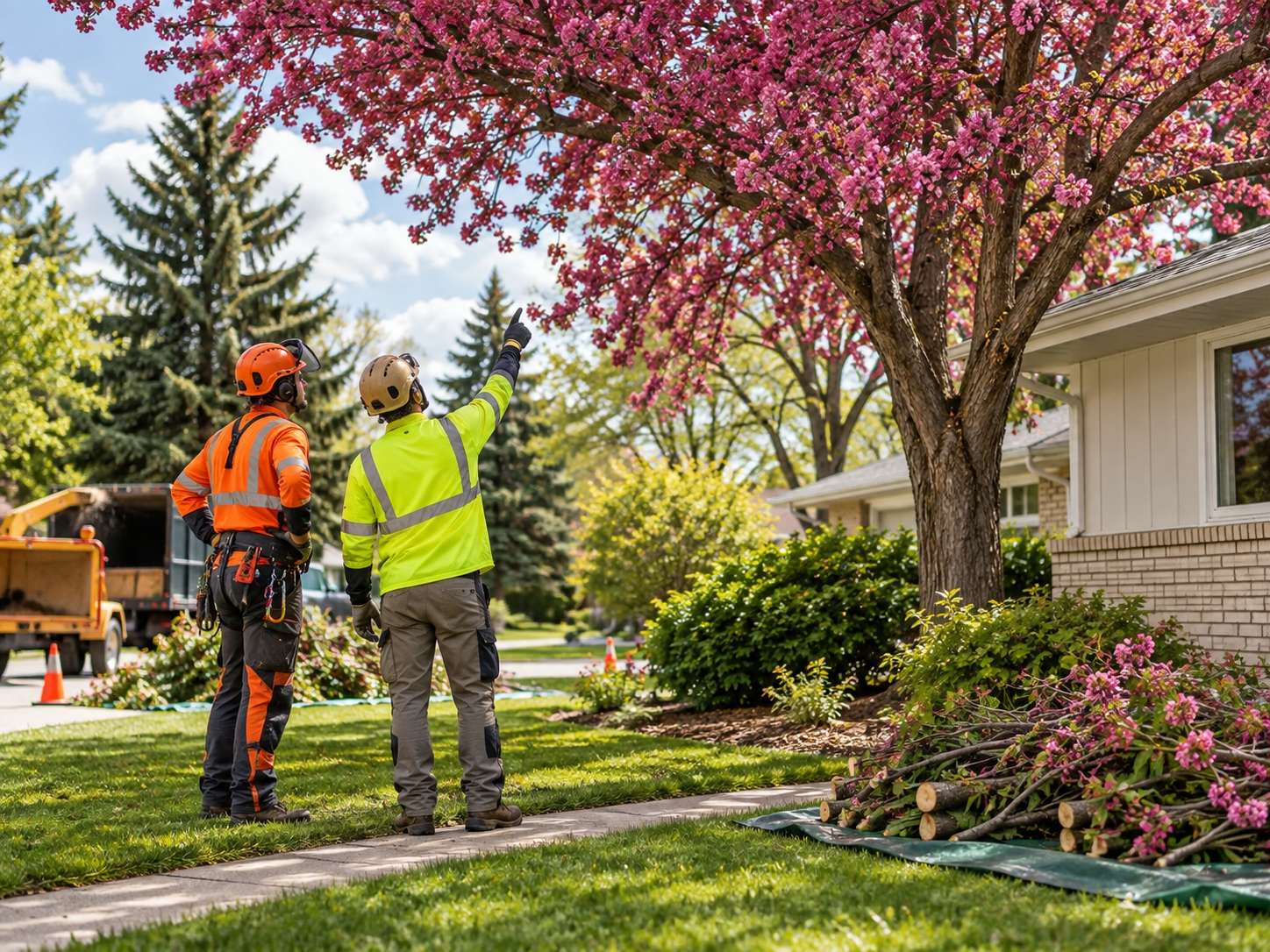Arborists evaluating a tree before professional tree care