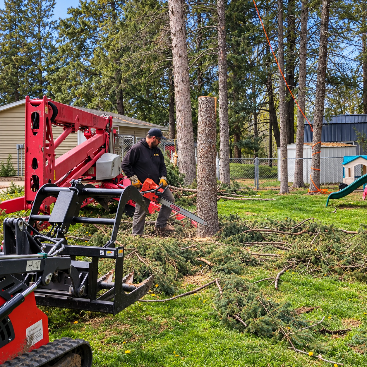 Tree care work using professional lifting equipment