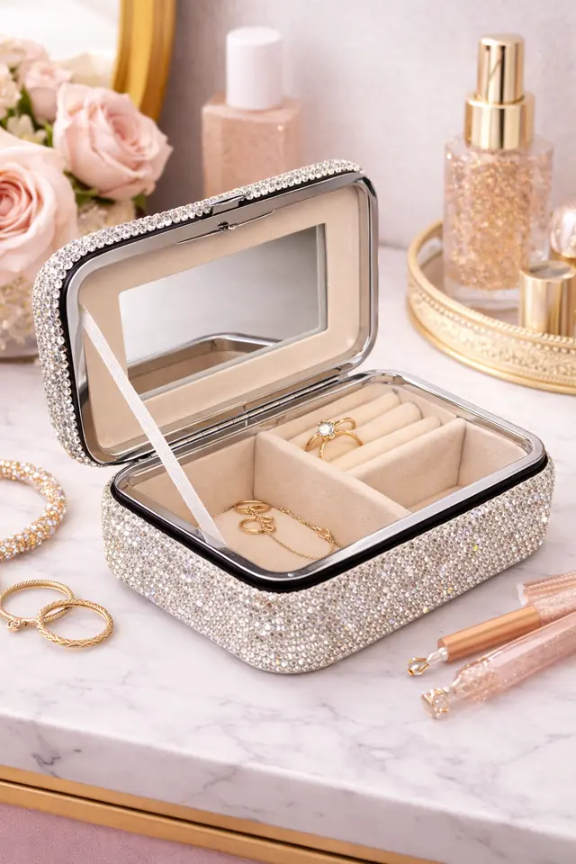Silver Rhinestone Small Jewelry Box