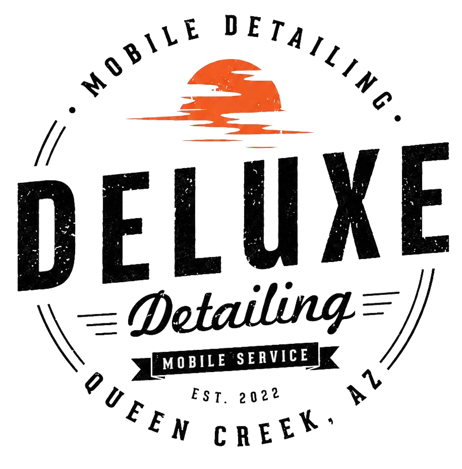 Deluxe Mobile Detailing logo with an orange sunset icon, text 'Queen Creek, AZ' and 'Est. 2022'