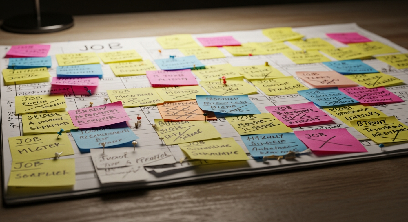 cluttered paper job board covered in overlapping sticky notes