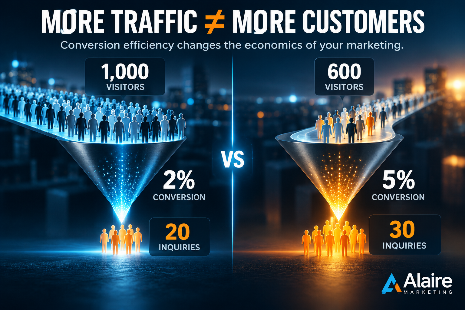 Comparison showing lower website traffic producing more leads through a stronger conversion rate.