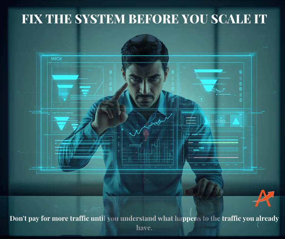 Business owner analyzing a marketing conversion system before increasing advertising and lead-generation spending.