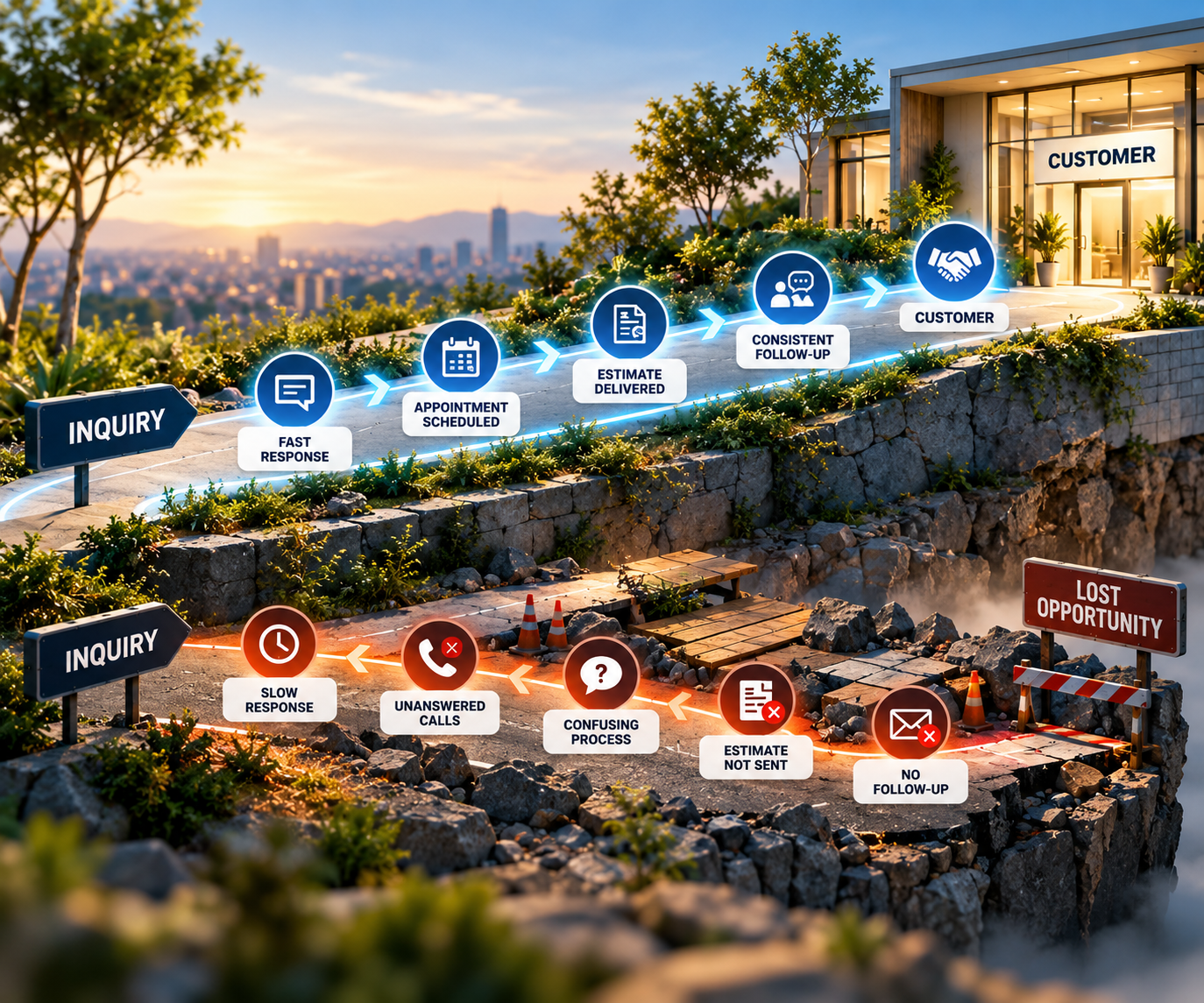 Two customer journeys showing how delayed responses, unanswered communication, and disconnected handoffs can cause potential customers to abandon the buying process.