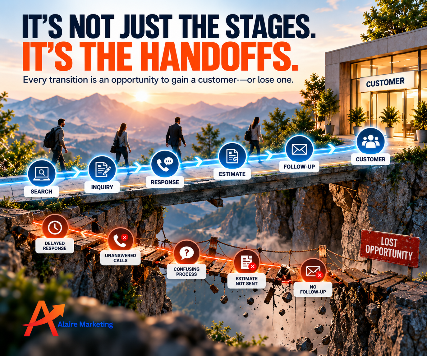 Comparison of a connected customer journey from search to customer with a broken path showing delayed responses, unanswered calls, missing estimates, and failed follow-up.