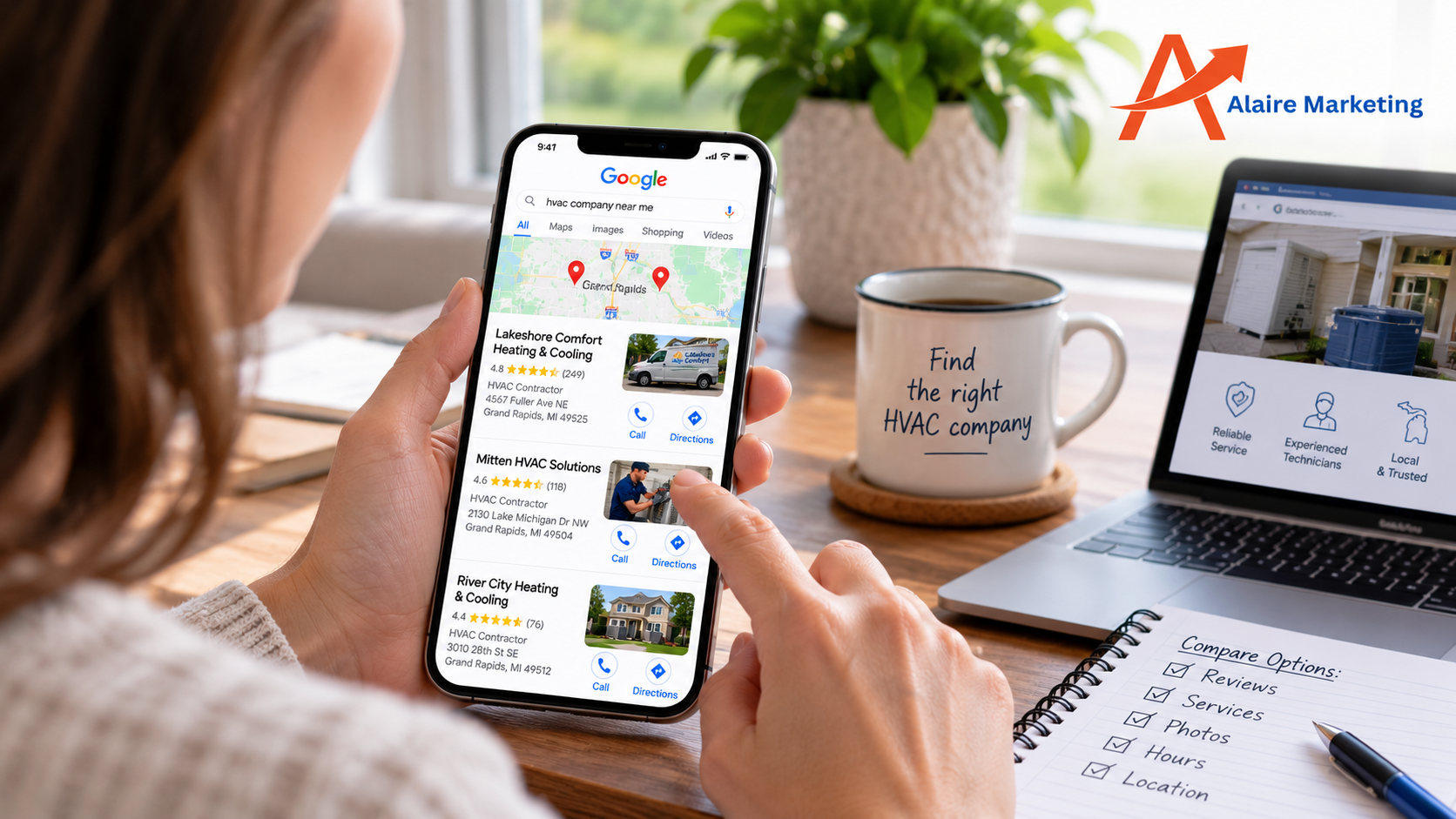 Customer comparing local HVAC companies on Google Business Profiles in Grand Rapids, Michigan, reviewing ratings, services, and photos before contacting a business.