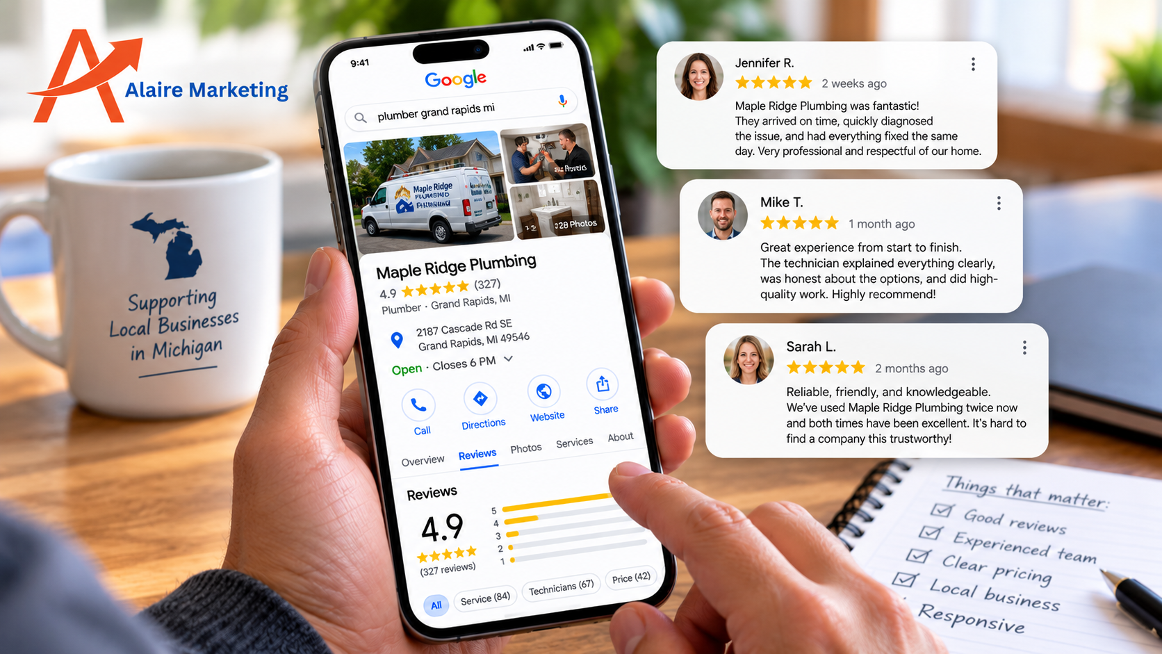 Customer reviews and star ratings on a Google Business Profile helping a homeowner choose a local service provider.