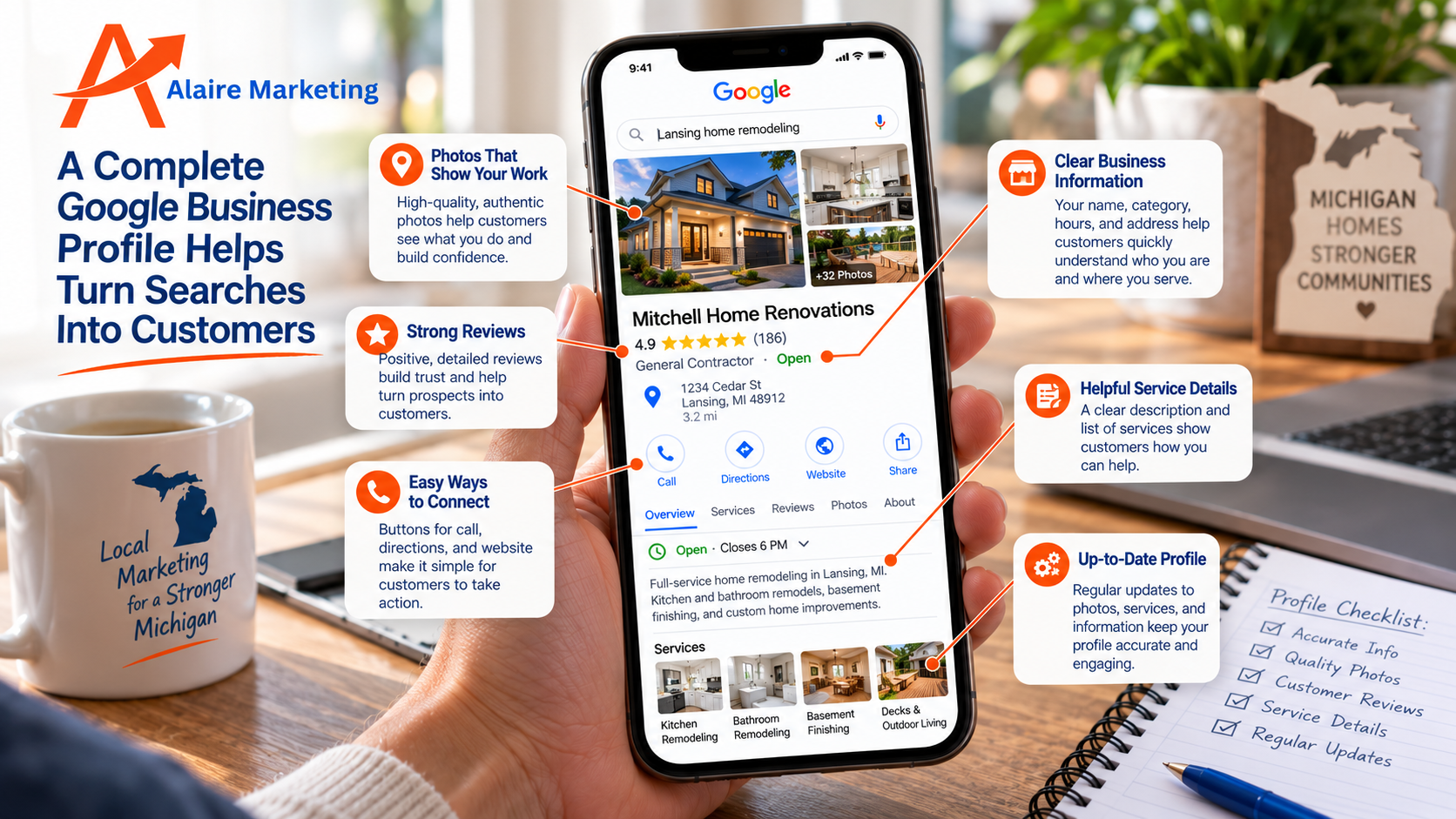 Optimized Google Business Profile featuring service details, customer reviews, project photos, accurate hours, and contact options.