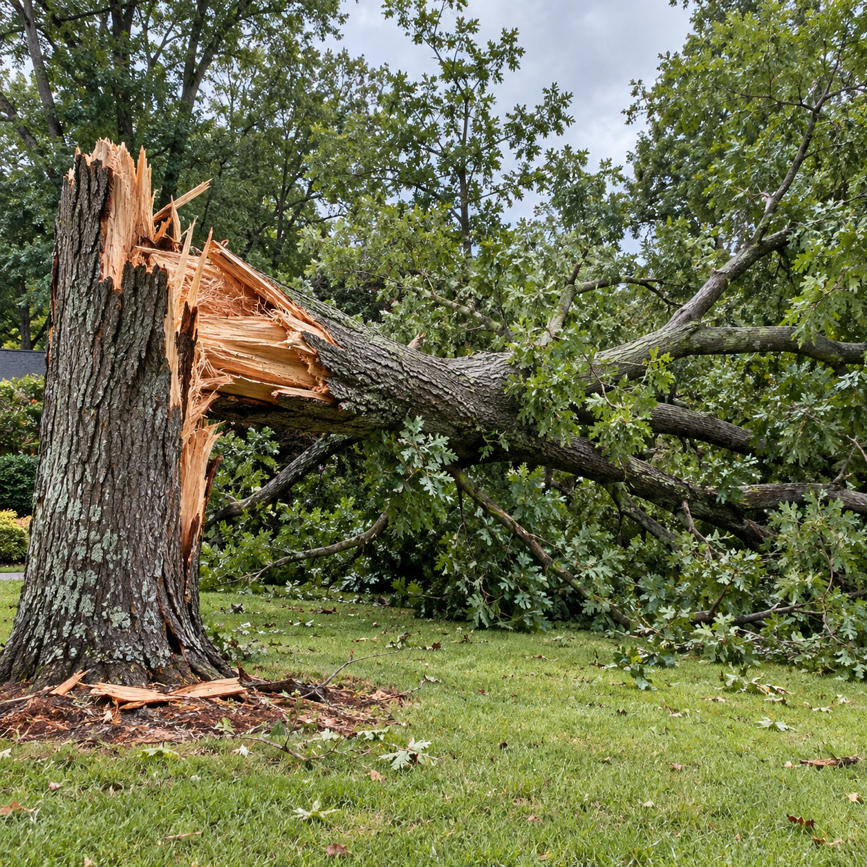 Storm damaged tree beside a residential yard