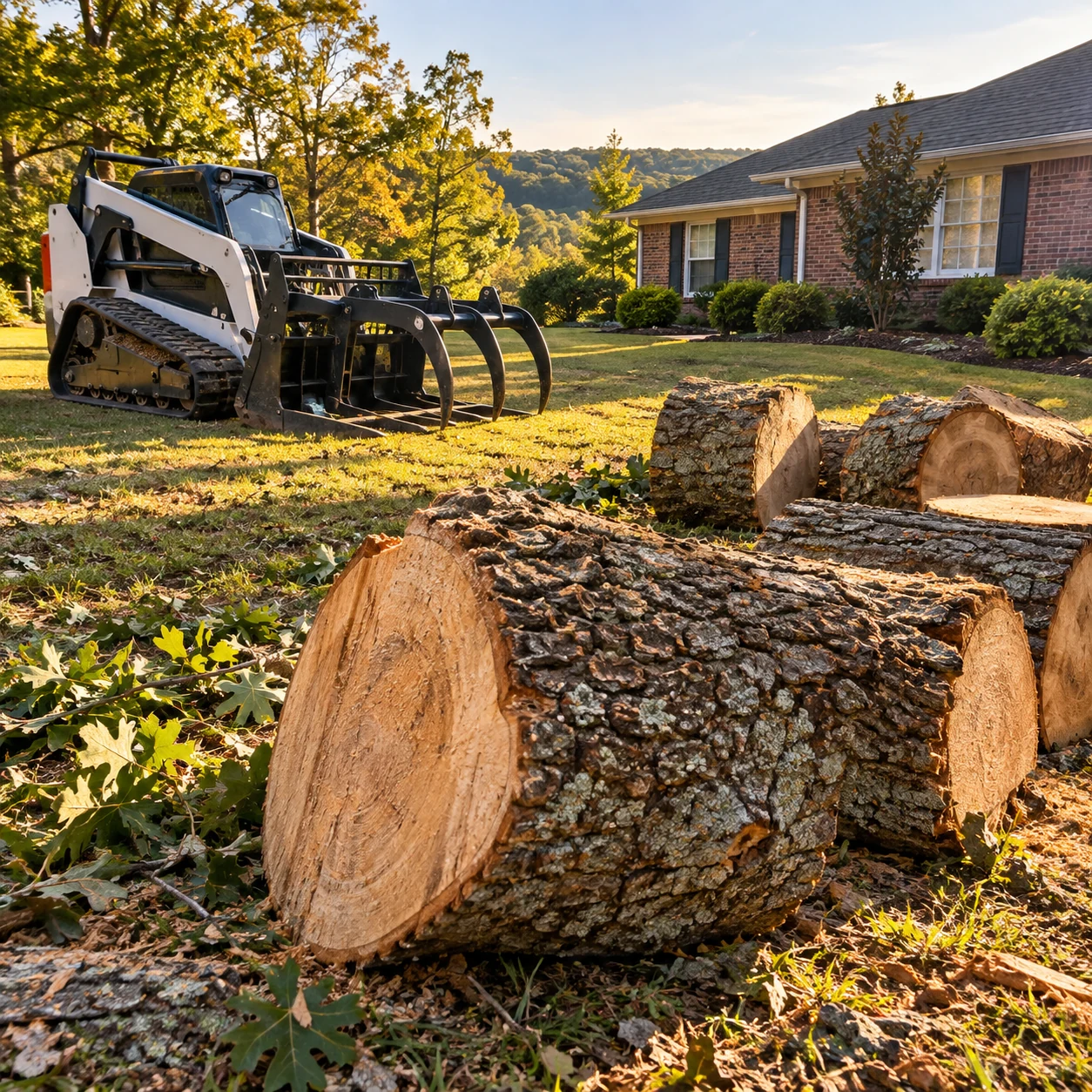 fresh oak trunk sections and a safely parked unbranded compact tree work machine in an empty residential yard