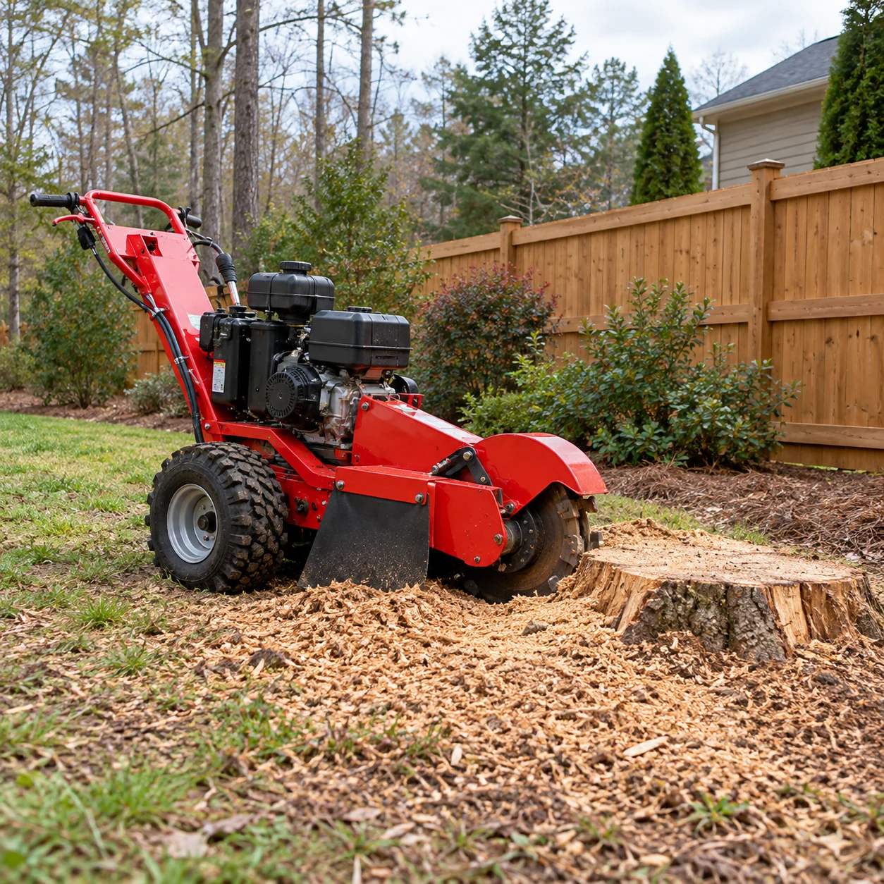 a compact red stump grinder with its cutter positioned at a low stump surrounded by fresh wood chips, no operators