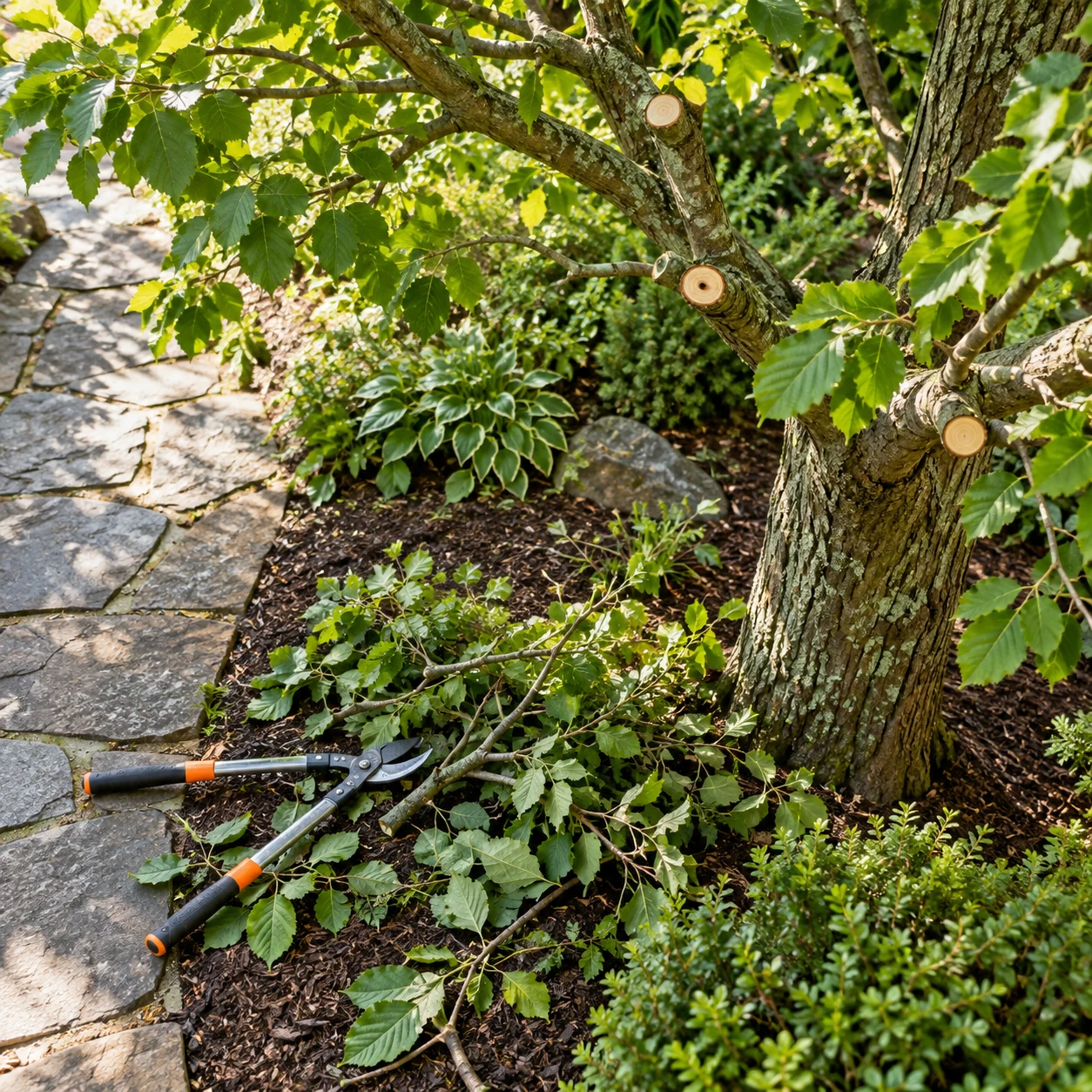 selectively pruned branches on a healthy mature shade tree with hand pruning tools resting on the ground