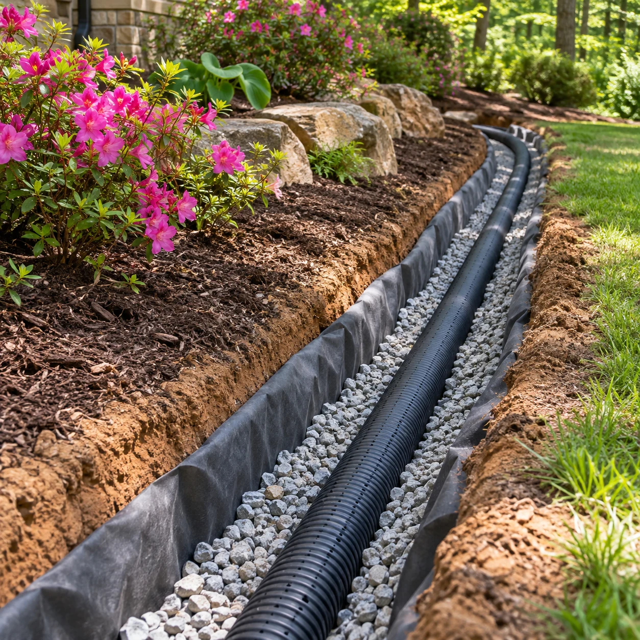 a clear landscape drainage trench with black perforated pipe, clean gravel and filter fabric