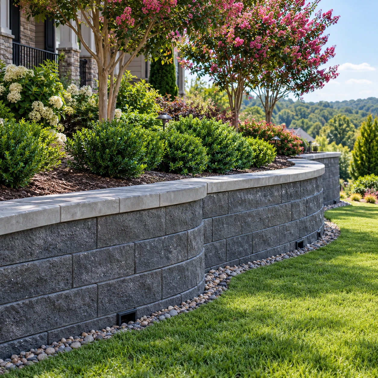 Block retaining wall supporting a landscaped slope