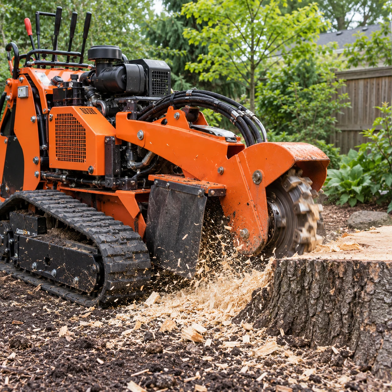 Stump grinding equipment removing a tree stump
