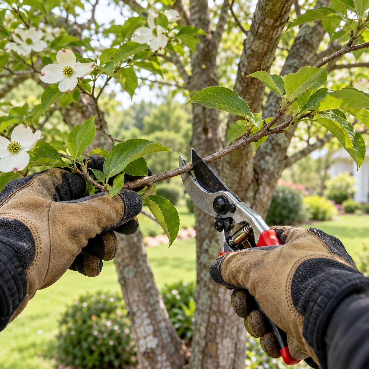 Hands using a chainsaw to trim a tree limb