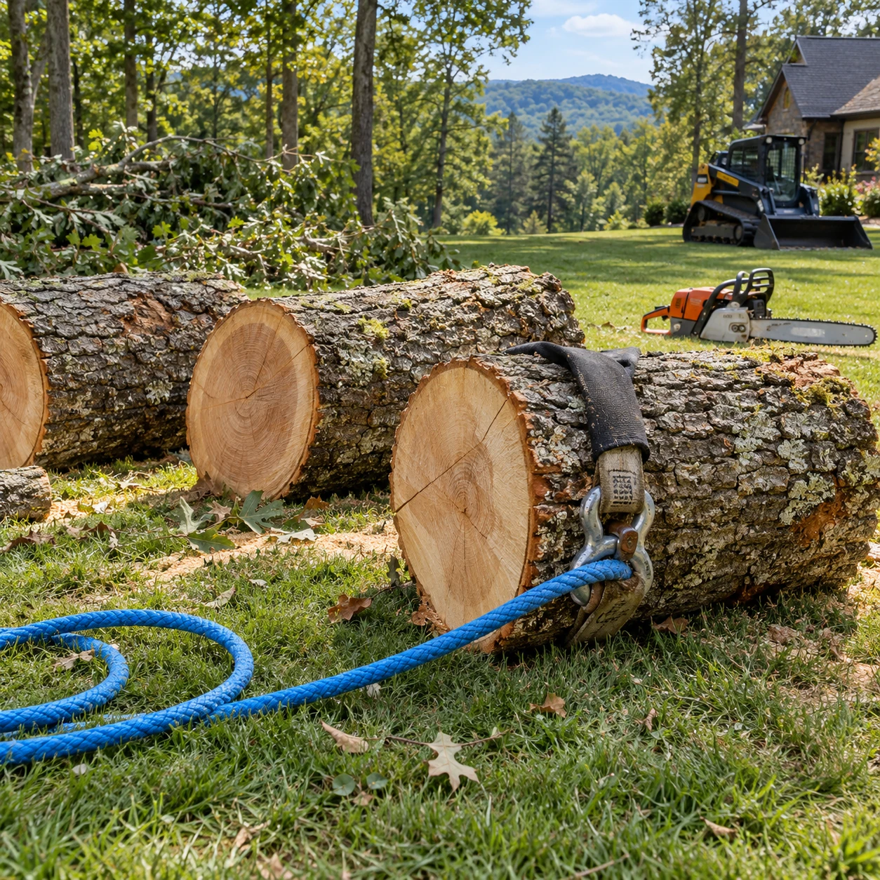 Chainsaw cutting at the base of a tree