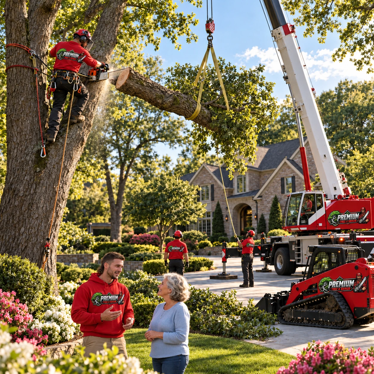 Illustration of Premium Tree & Shrub tree care equipment and a homeowner consultation