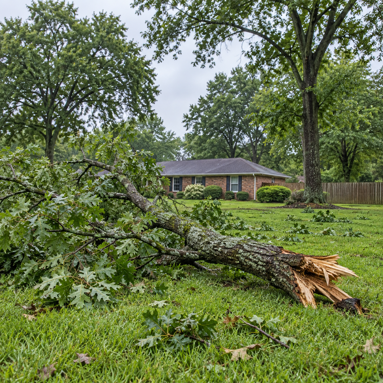 Fallen oak limb on a residential lawn after a storm