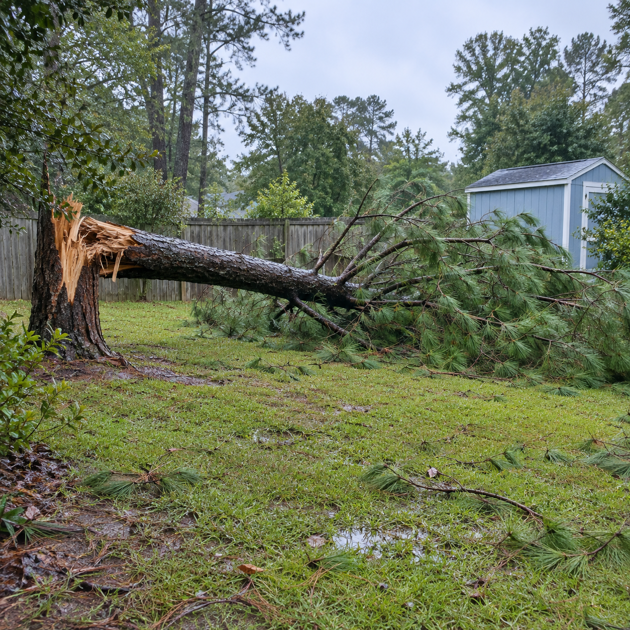 Wind broken pine in a residential side yard after rain