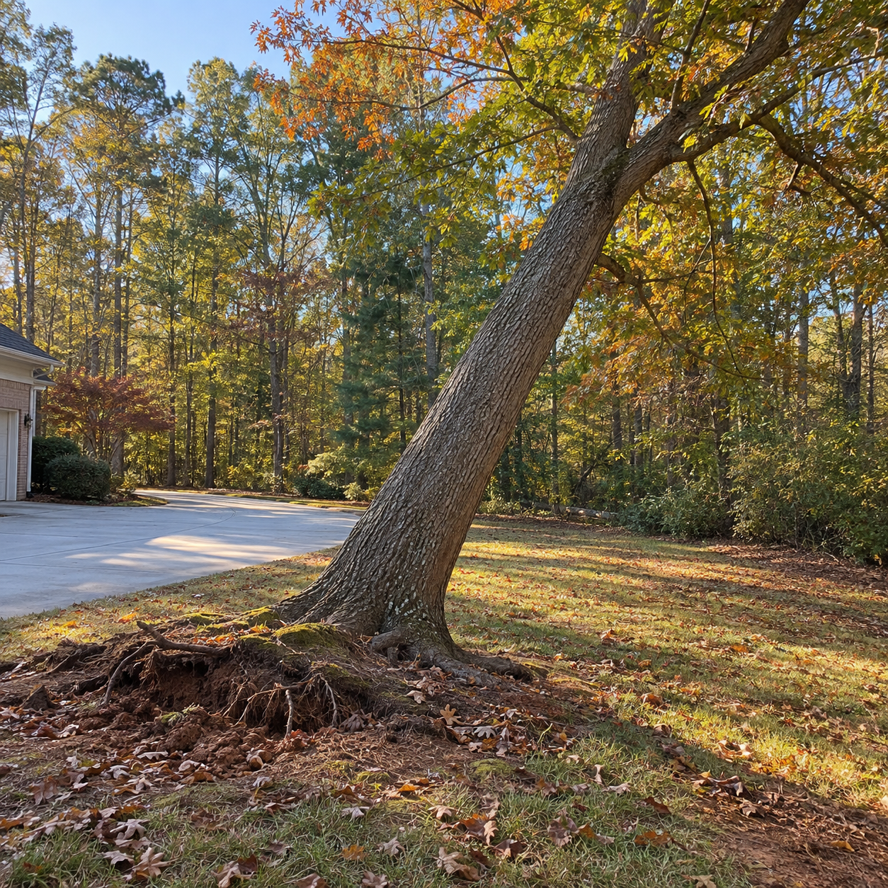 Leaning mature tree beside a clear residential driveway