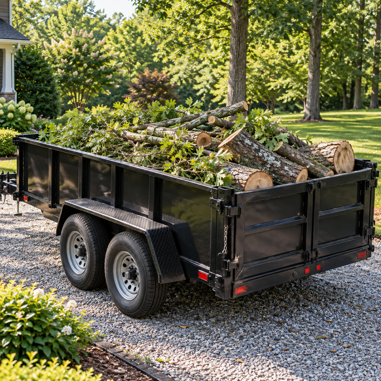 Utility trailer loaded with cut branches and trunk sections