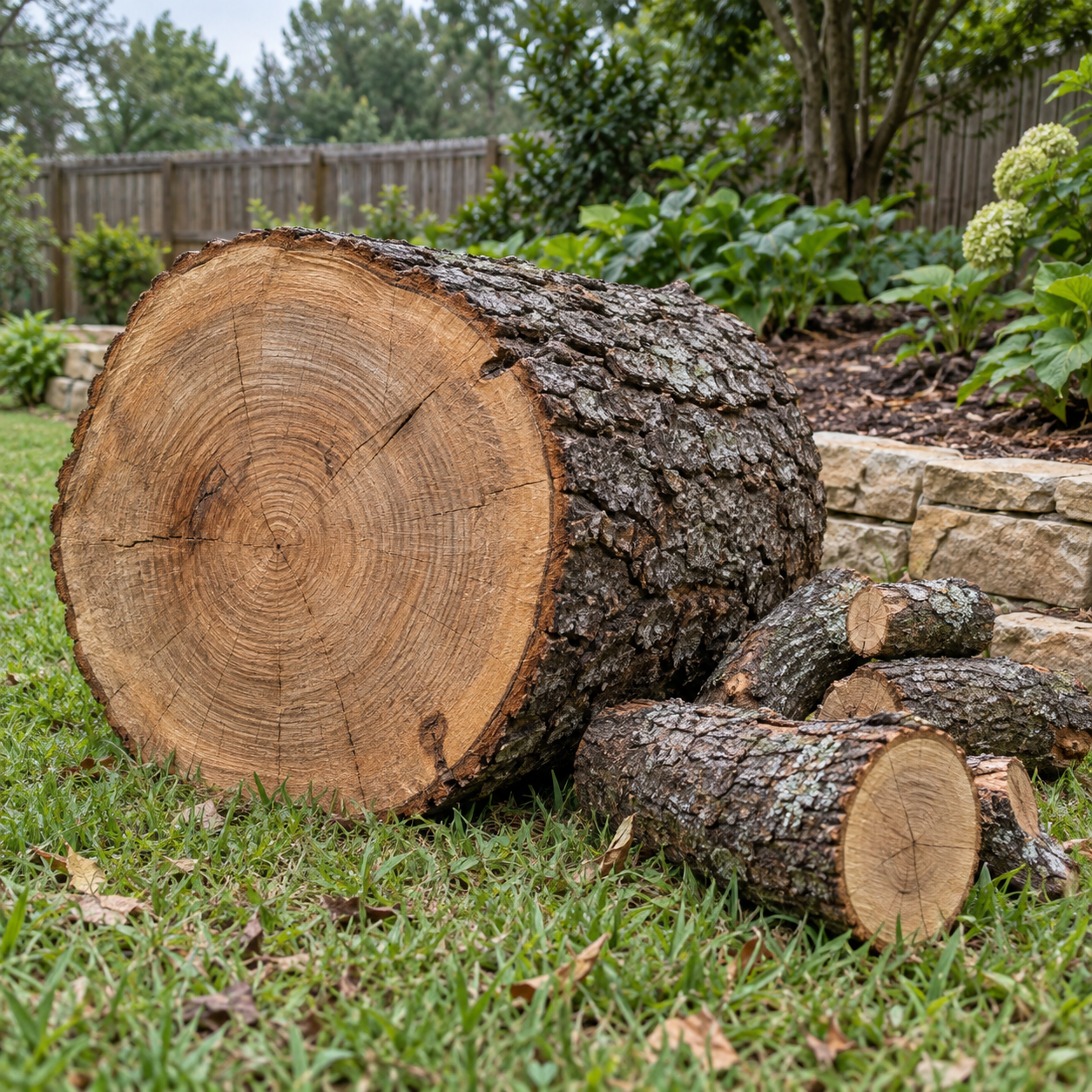 Large and small hardwood log sections beside a garden border