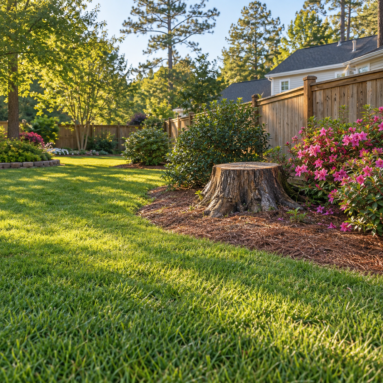 Clear lawn access around a stump beside a garden fence