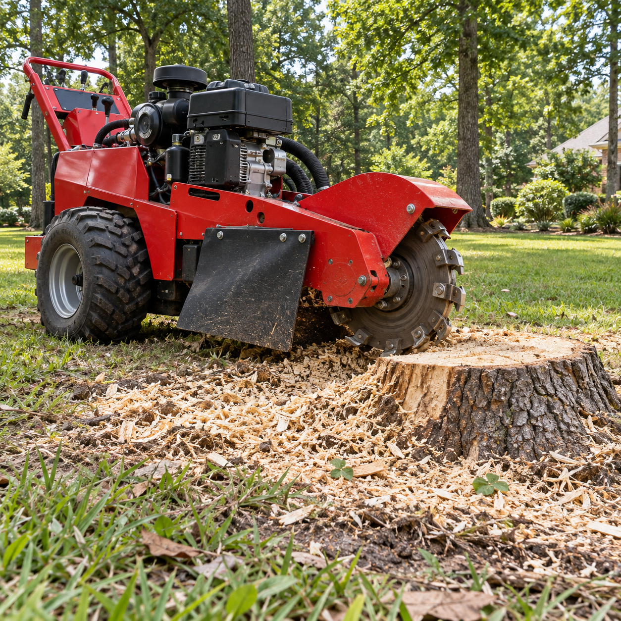 Compact stump grinder beside an oak stump and fresh wood chips