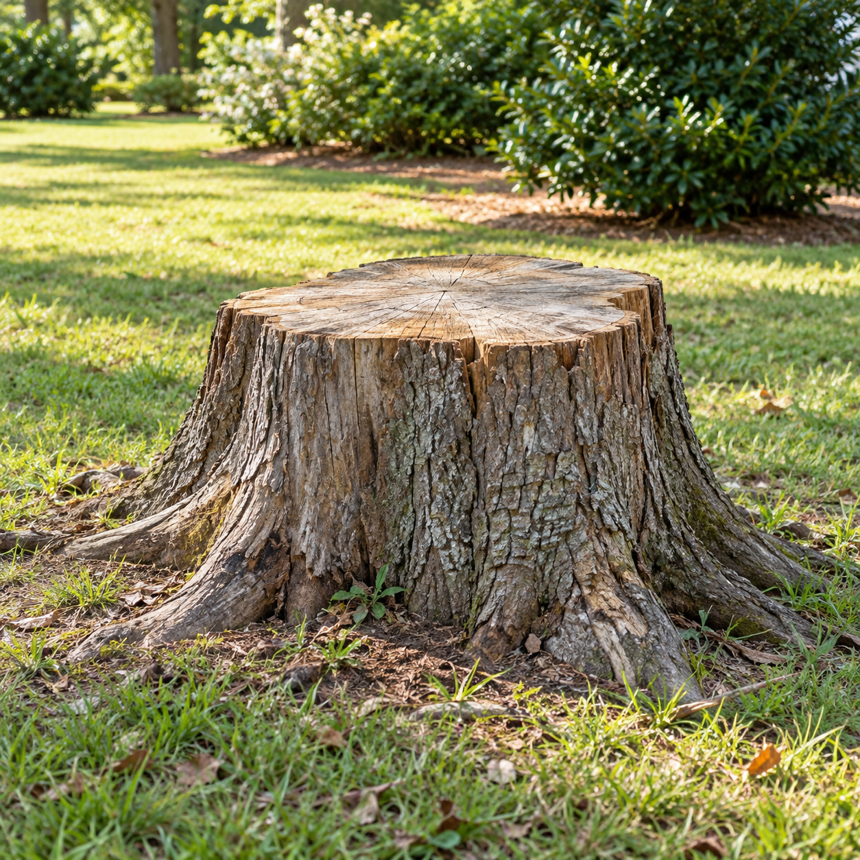 Weathered hardwood stump in an open residential lawn