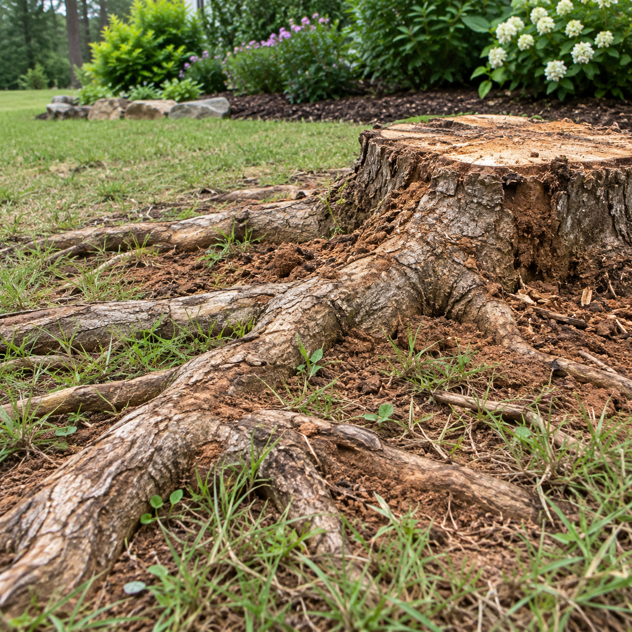 Exposed woody roots through grass beside a tree stump