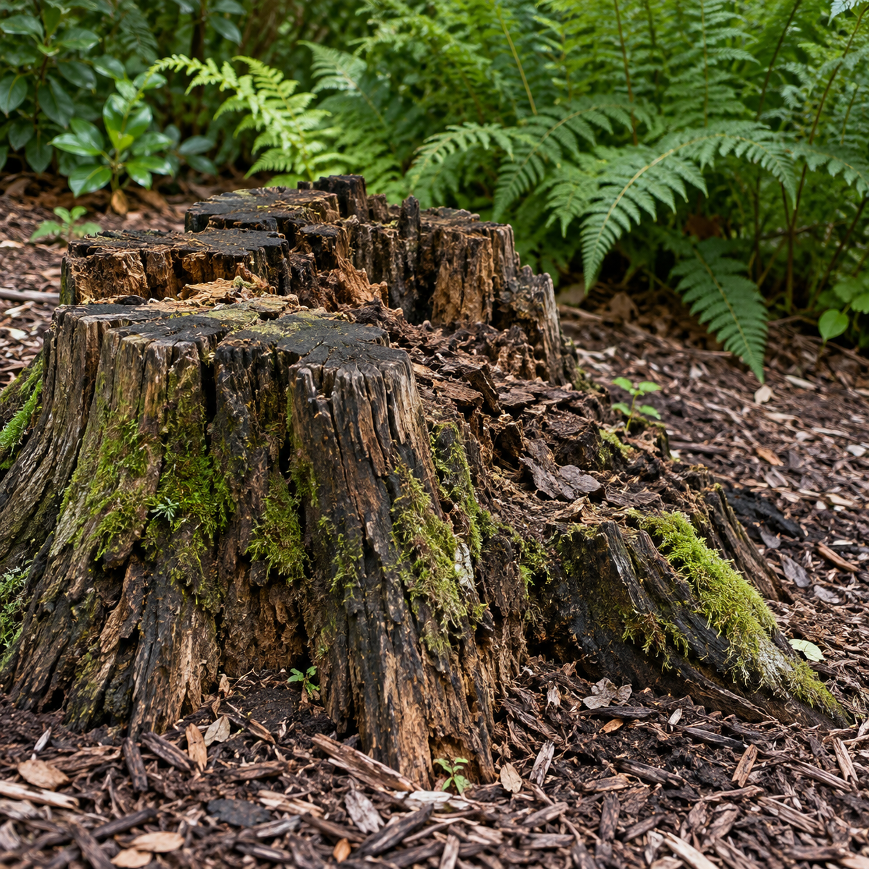Decayed stump with moss beside a mulched garden bed