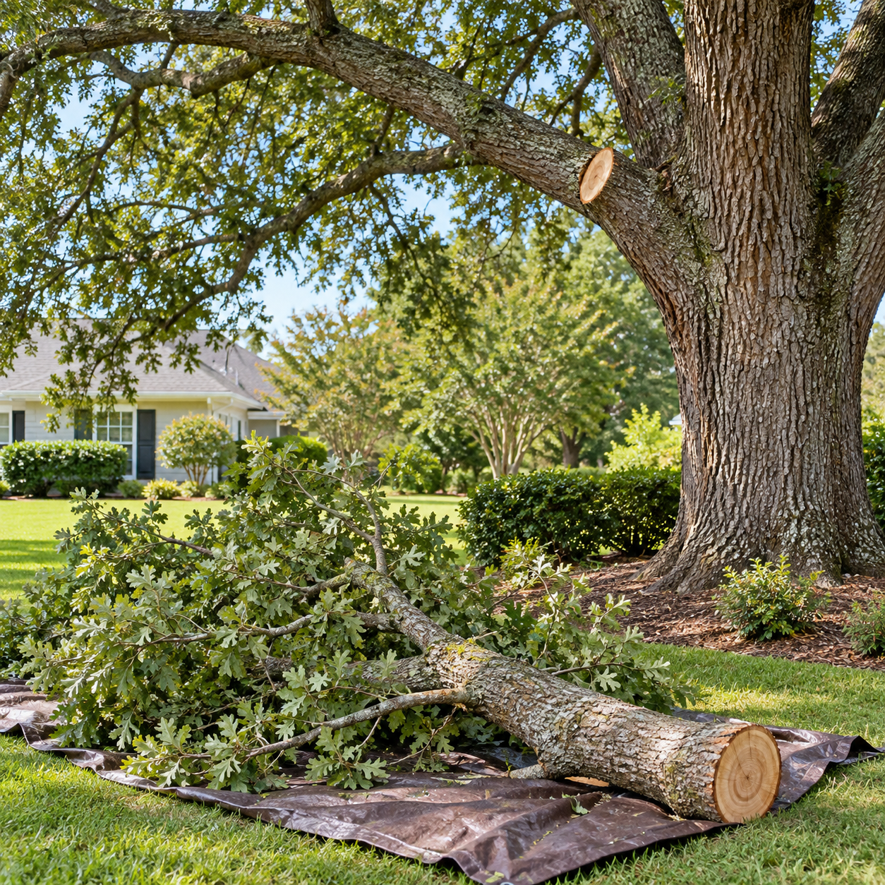Removed tree limb on a tarp beside a shade tree