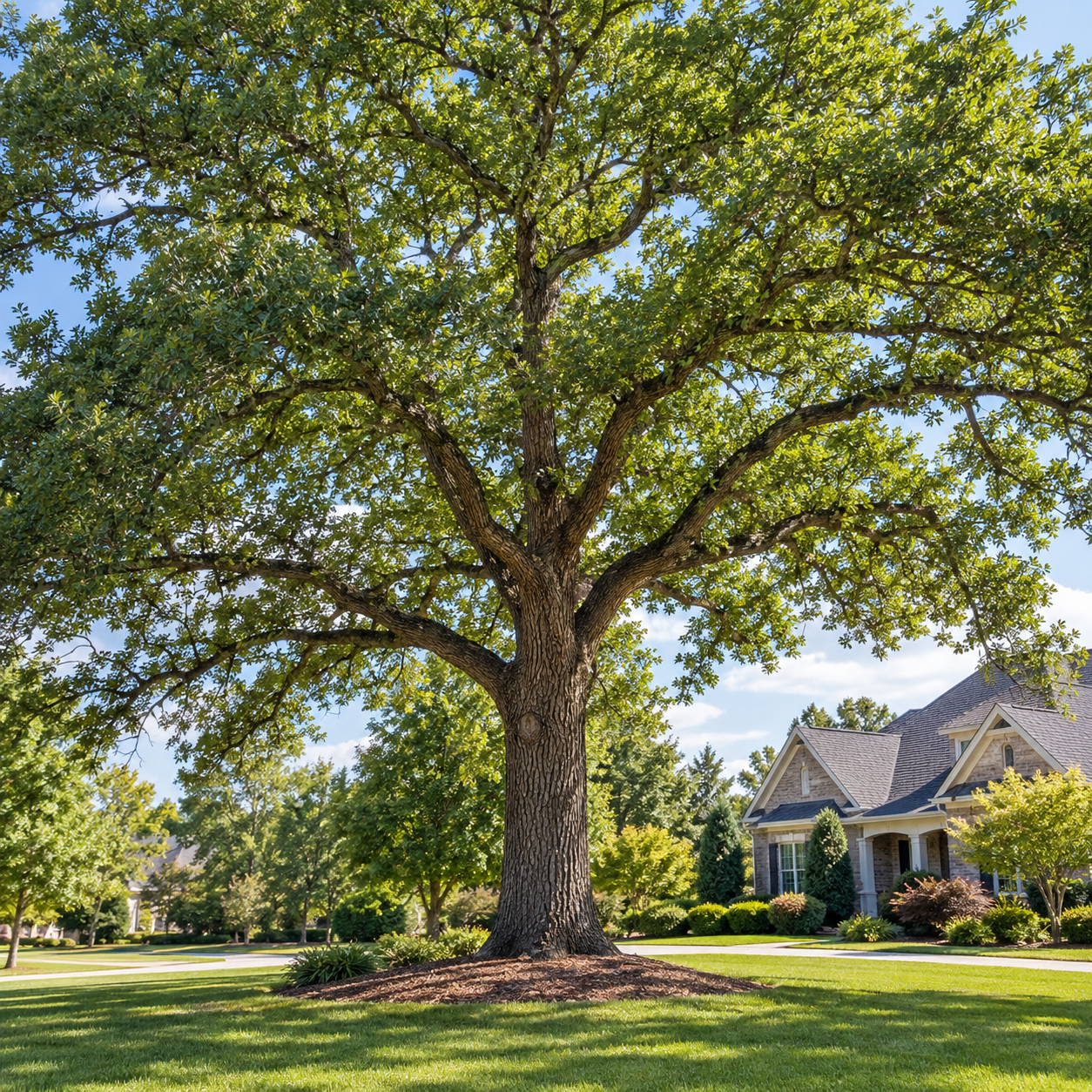 Healthy shade oak with a balanced canopy beside a residential lawn