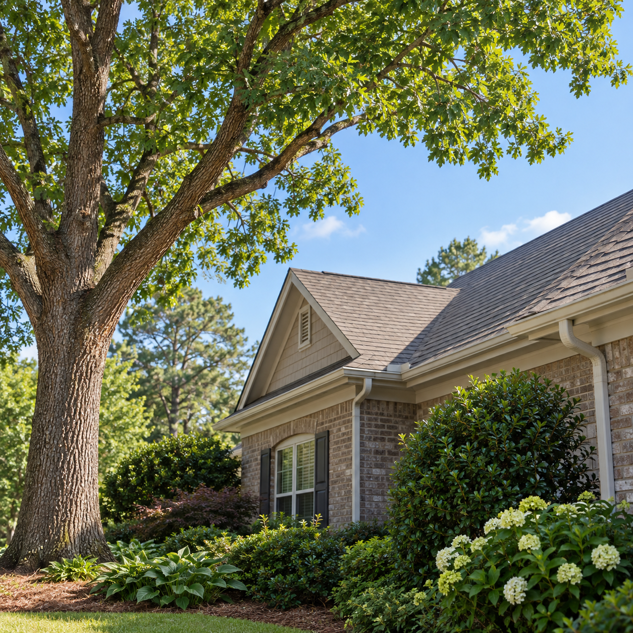 Pruned tree branches with clear space above a home roofline
