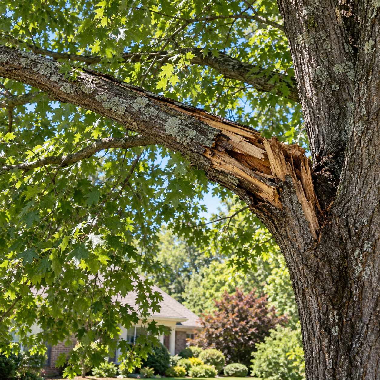 Cracked hardwood branch showing damaged wood near the trunk
